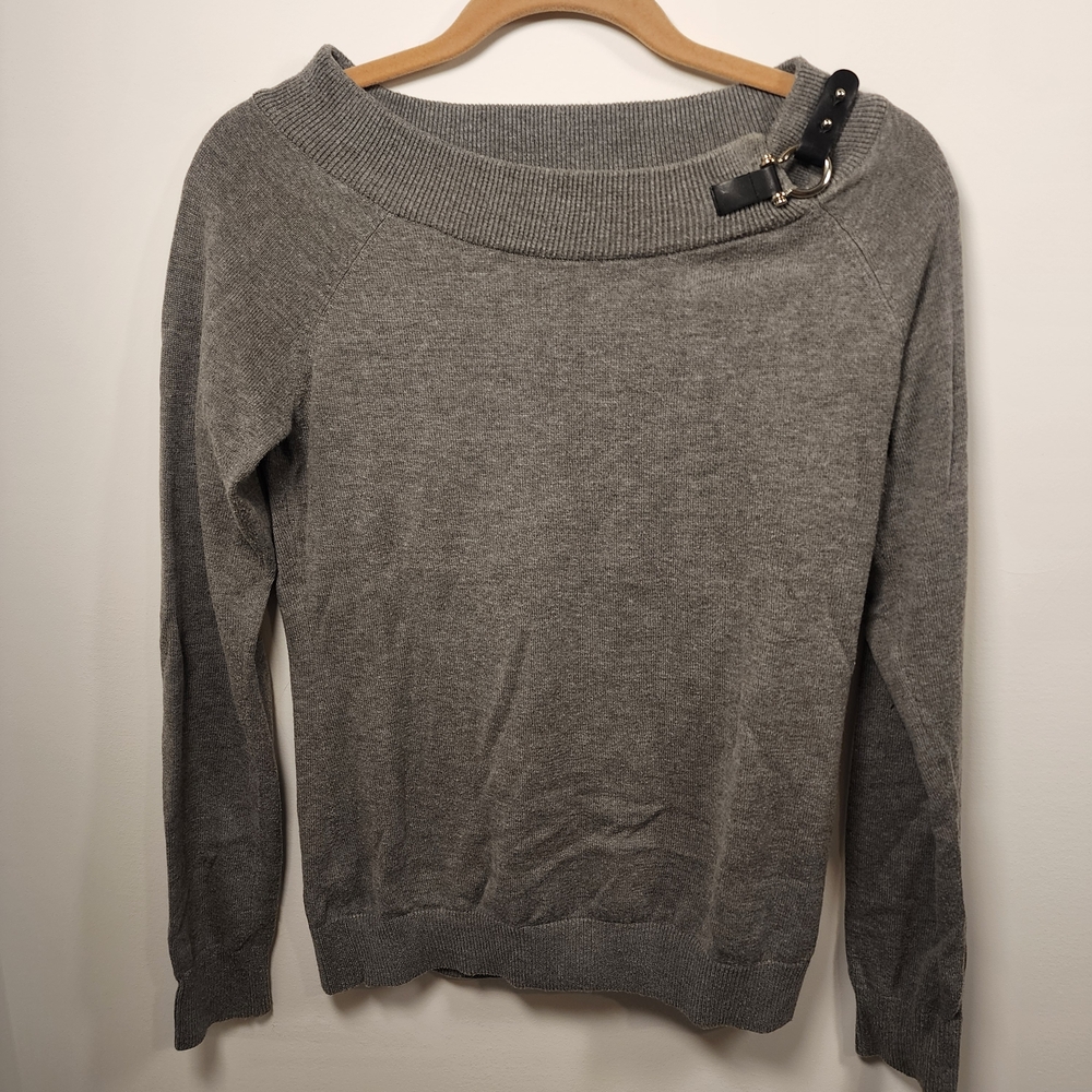 Ralph Lauren Gray Off-Shoulder Sweater with Buckle Accent
